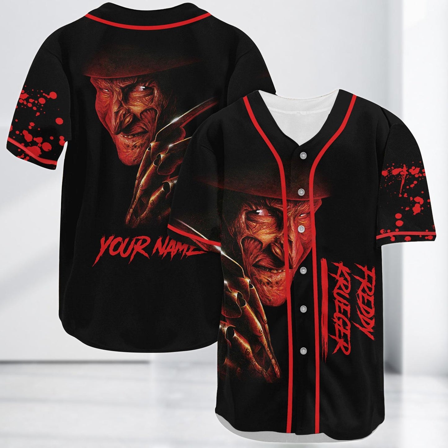 Custom Freddy Krueger Baseball Jersey, Halloween Horror Shirt, Scary Movie Jersey Shirt, Halloween Gift For Kids baseball jersey product view 2