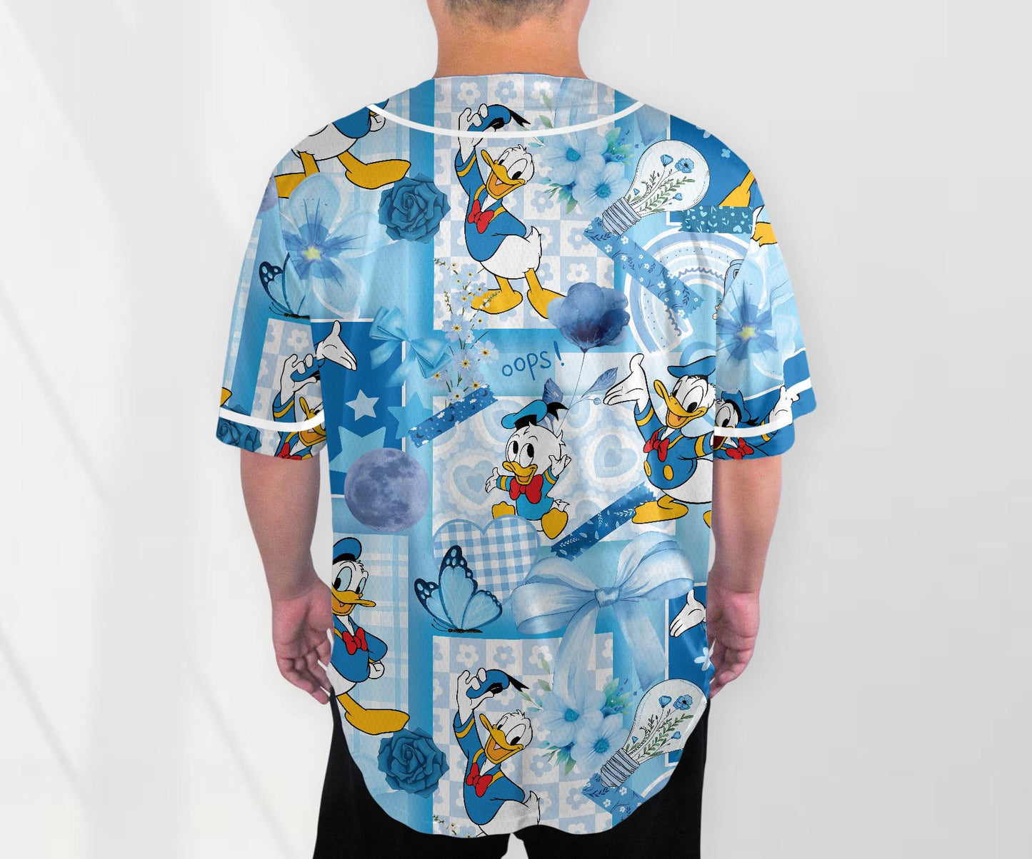 Donald Baseball Jersey Shirt, Cute Duck Button Up Shirt, Pastel Blue Cartoon Jersey Gift for Adults, Unisex Comic Style Shirt baseball jersey product view 3