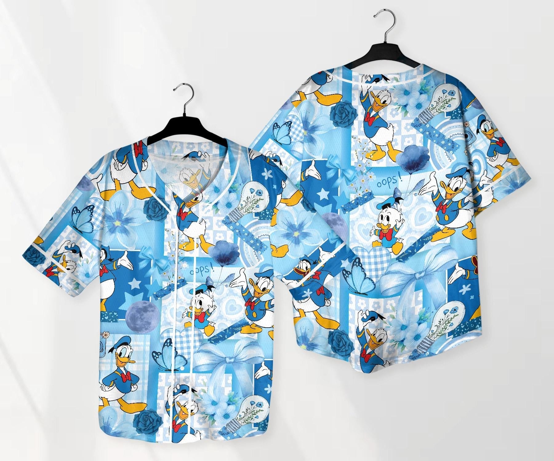 Donald Baseball Jersey Shirt, Cute Duck Button Up Shirt, Pastel Blue Cartoon Jersey Gift for Adults, Unisex Comic Style Shirt baseball jersey product view 1