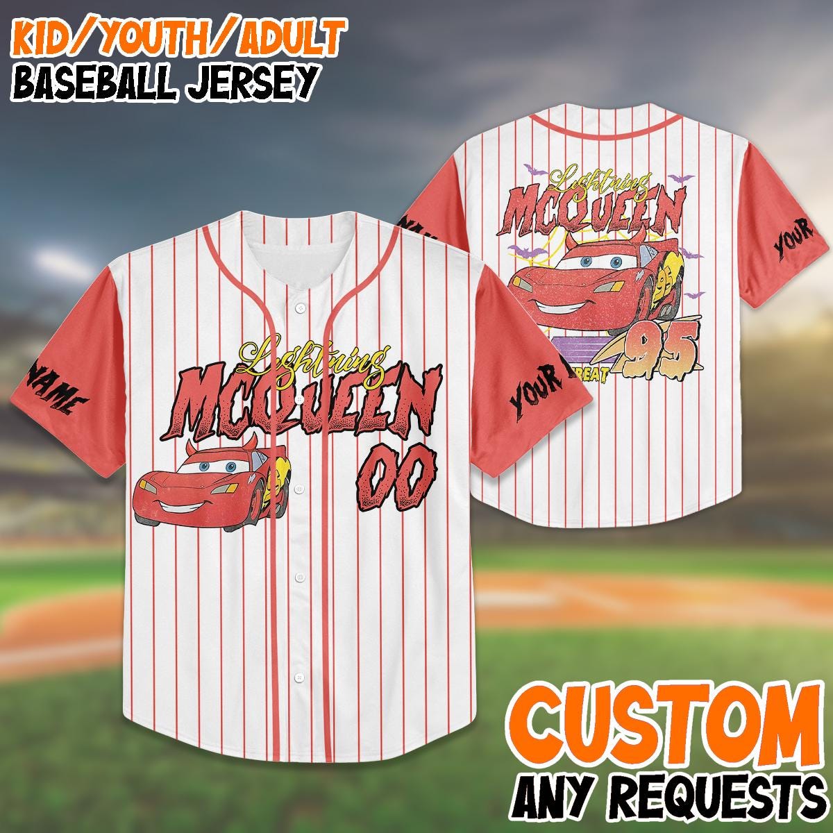 Custom Lightning McQueen Baseball Jersey, Halloween Trick or Treat Shirt, Kids Youth Adult Costume, Personalized Name Number baseball jersey product view 1