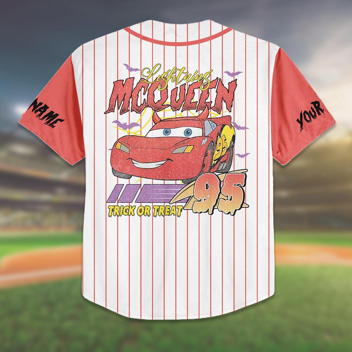 Custom Lightning McQueen Baseball Jersey, Halloween Trick or Treat Shirt, Kids Youth Adult Costume, Personalized Name Number baseball jersey product view 3