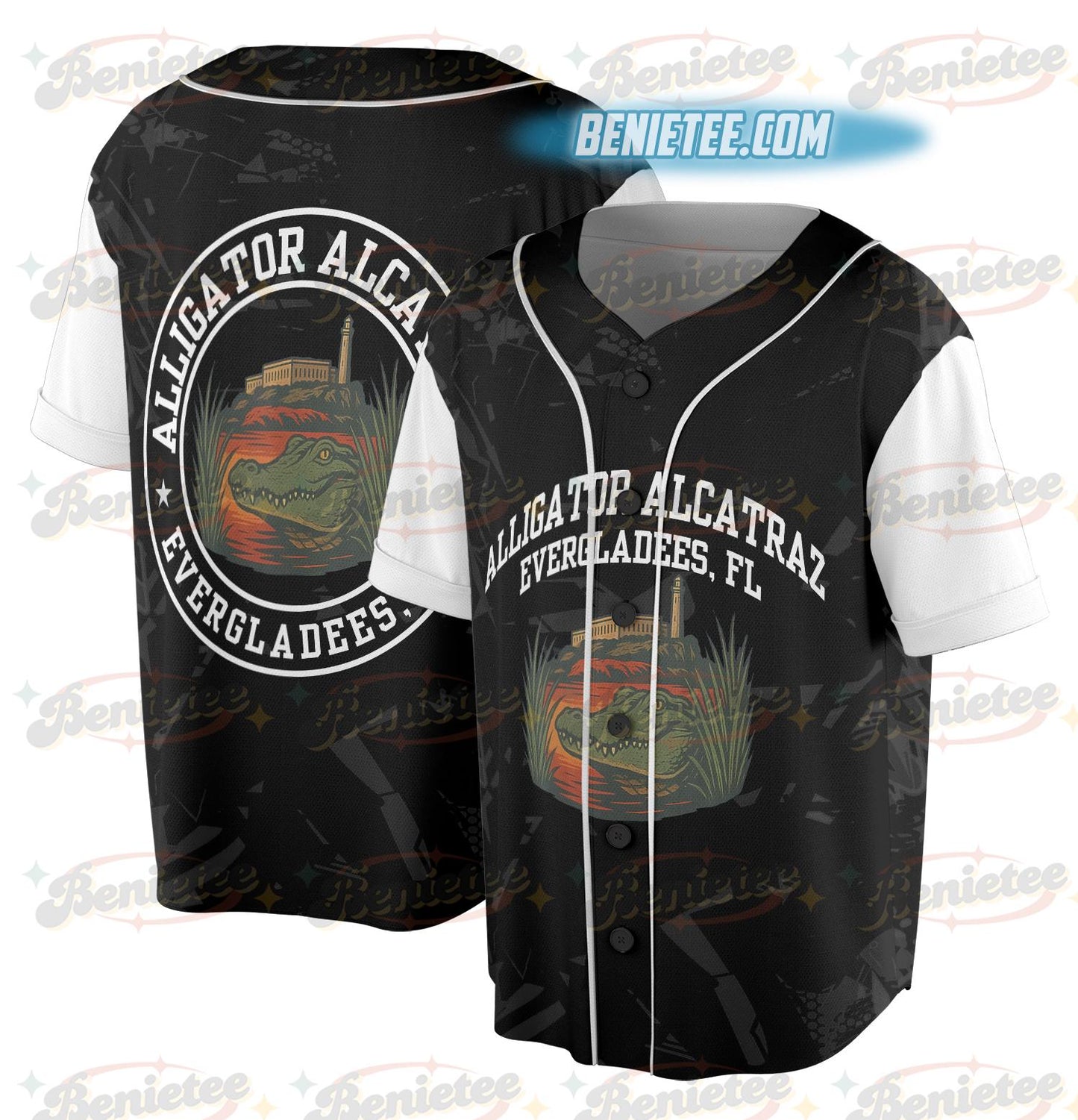 Alligator Alcatraz Basebal Jersey, Funny Animal Graphic Tee, Tropical Island, San Francisco Landmark sports jersey product view 1