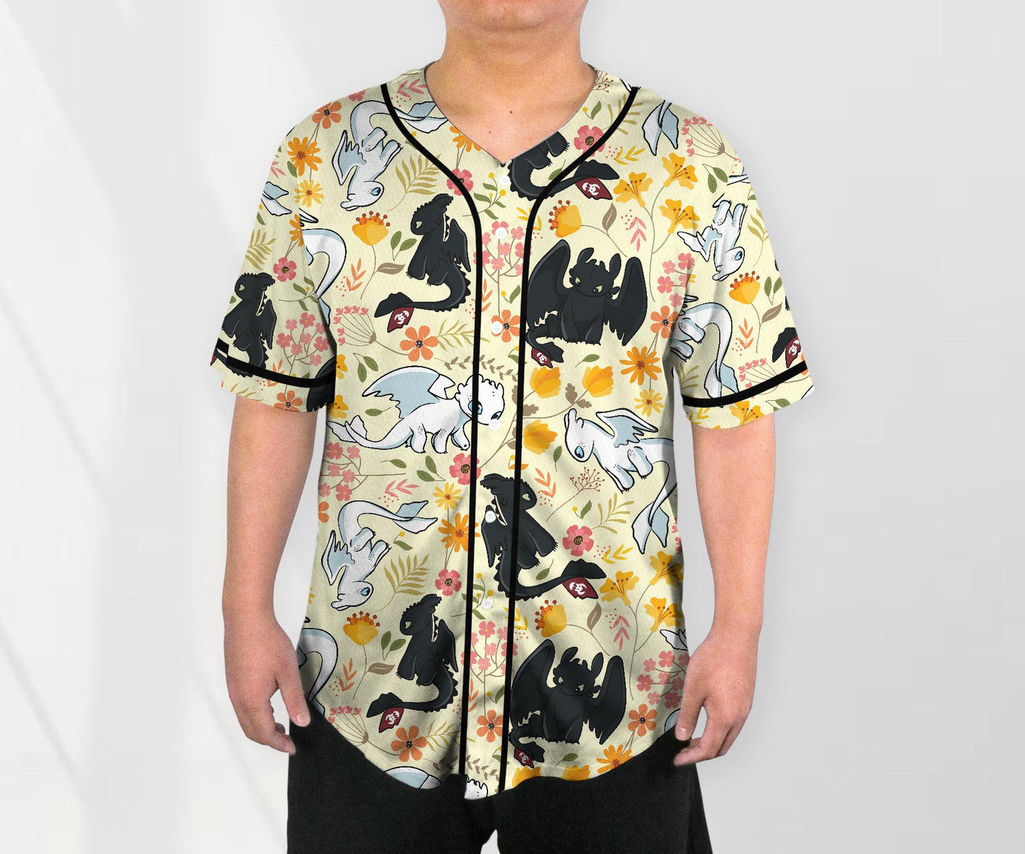 Toothless Baseball Jersey Shirt, Light Fury Dragon Floral Shirt, Cute Fantasy Button Up Gift for Adults, Unisex Dragon Jersey Gift baseball jersey product view 2