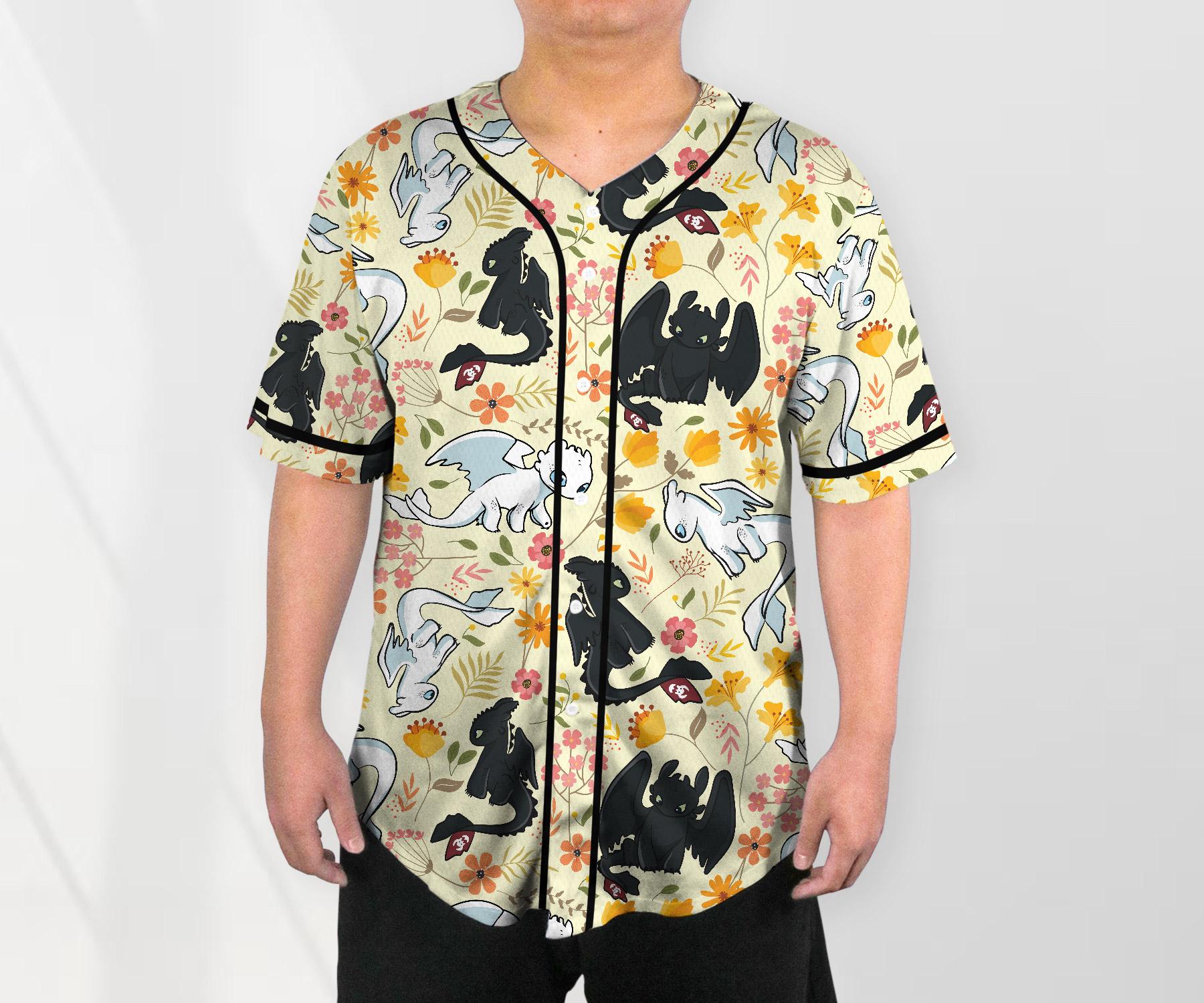 Toothless Baseball Jersey Shirt, Light Fury Dragon Floral Shirt, Cute Fantasy Button Up Gift for Adults, Unisex Dragon Jersey Gift baseball jersey product view 2