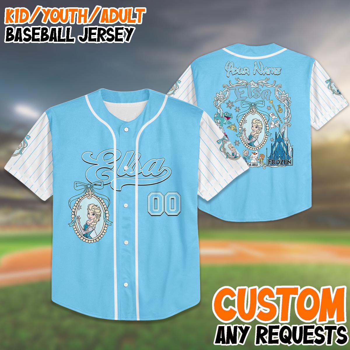 Custom Frozen Elsa Baseball Jersey, Personalized Kid Girl Birthday Shirt, Frozen Elsa Jersey, Family Vacation Outfit, Gift Idea baseball jersey product view 1