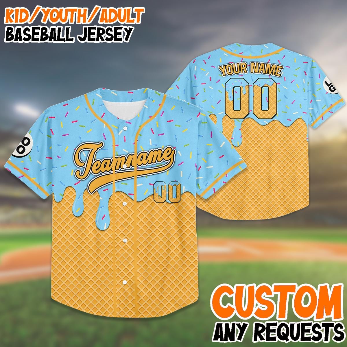 Custom Ice Cream Baseball Jersey, Team Matching Outfit, Personalized Name Number, Group Shirt, Fun Team Up Jersey for Events baseball jersey product view 1
