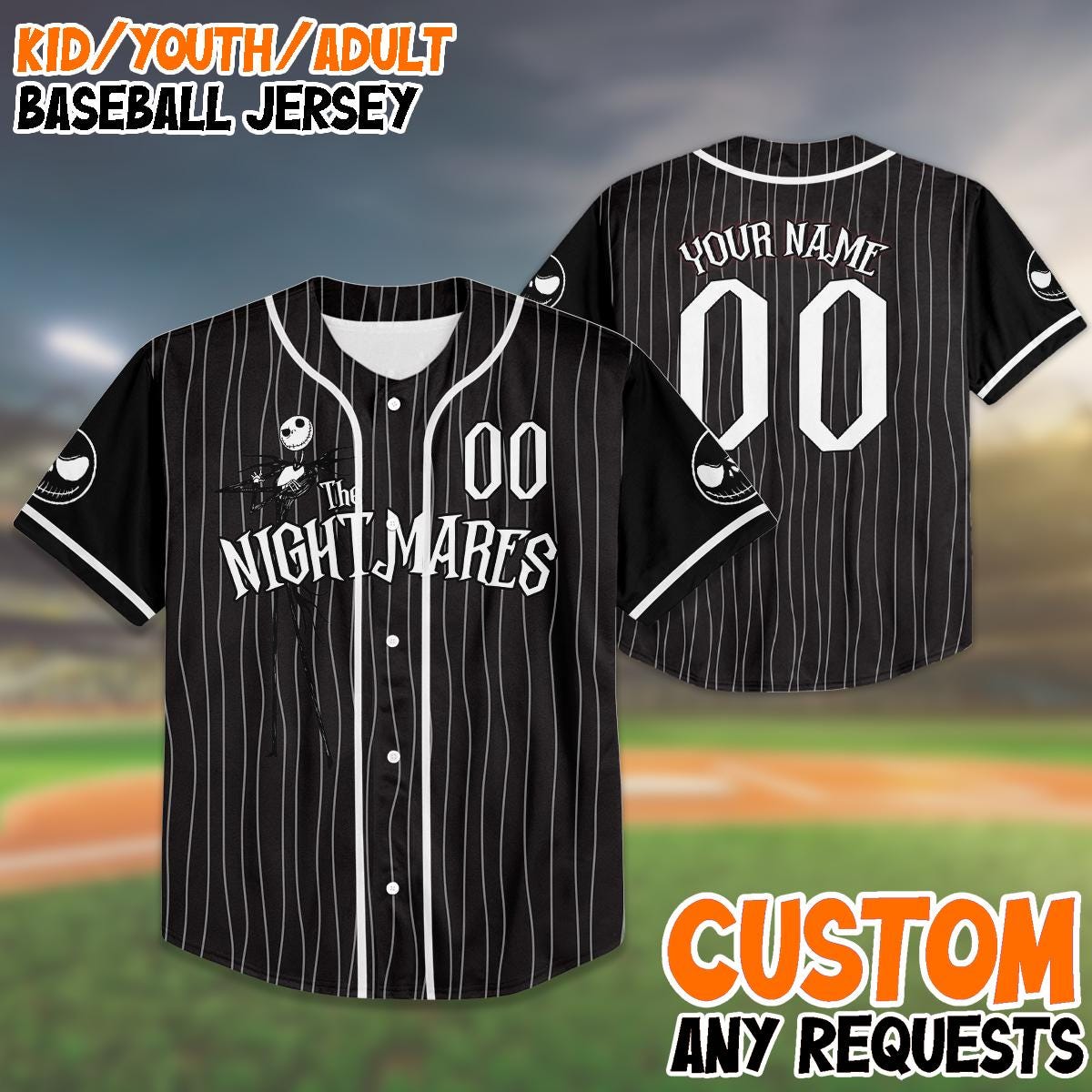 Custom Birthday Baseball Jersey, Jack Skellington Pinstripe Shirt, Personalized Name Number, Spooky Birthday Gift, Halloween Party baseball jersey product view 1