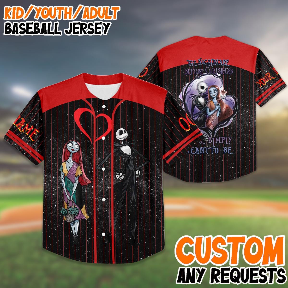 Custom Halloween Couple Baseball Jersey, Jack Sally Love Jersey, Matching Nightmare Shirt, Personalized Gift for Him Her baseball jersey product view 1