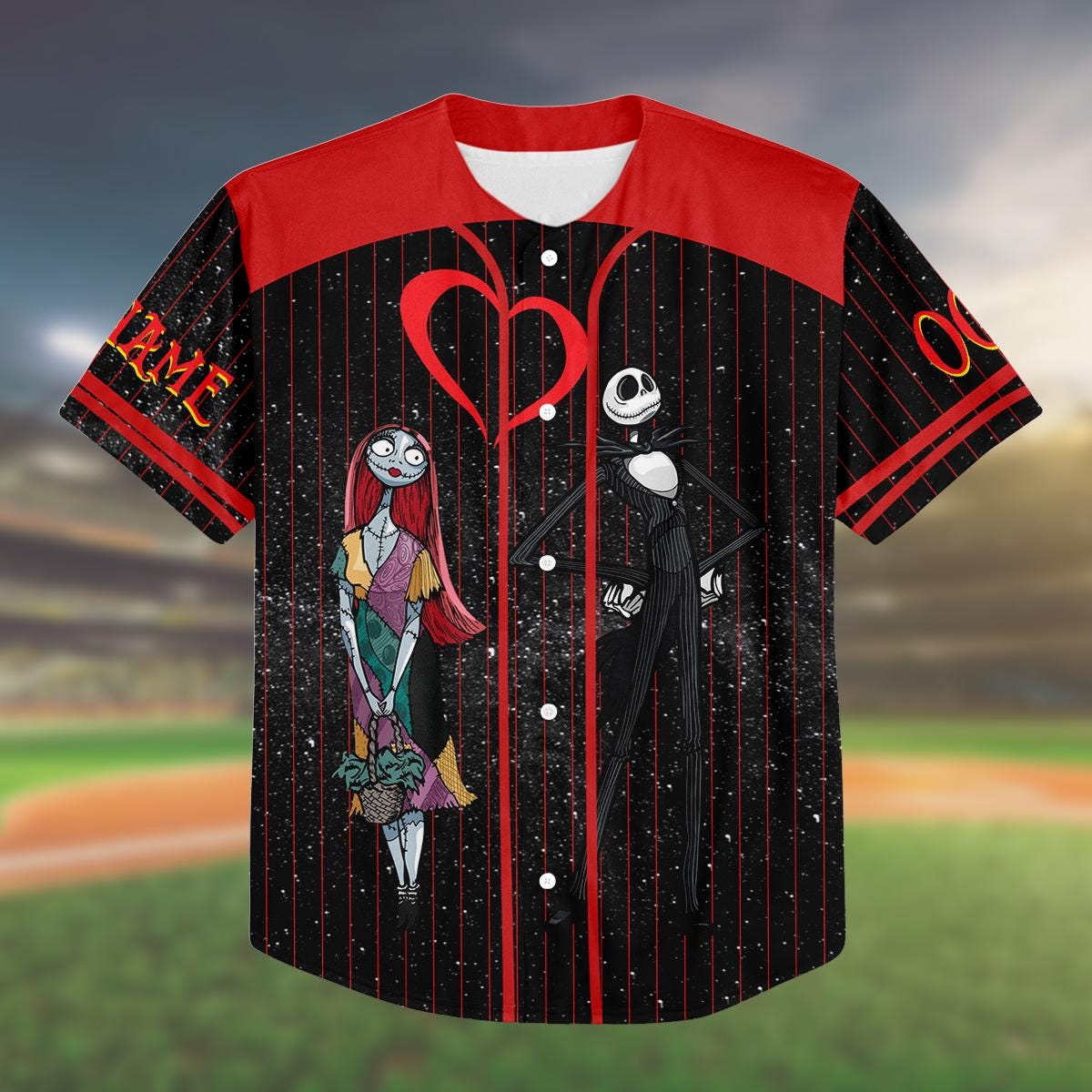 Custom Halloween Couple Baseball Jersey, Jack Sally Love Jersey, Matching Nightmare Shirt, Personalized Gift for Him Her baseball jersey product view 2
