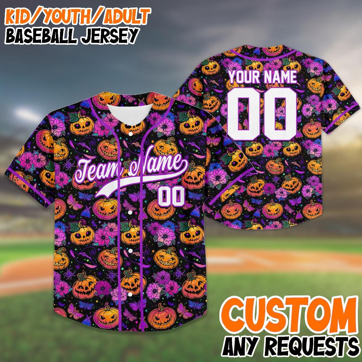 Custom Purple Halloween Baseball Jersey, Kids Youth Adult Shirt, Pumpkin Floral Spooky Outfit, Family Matching Costume Gift baseball jersey product view 1