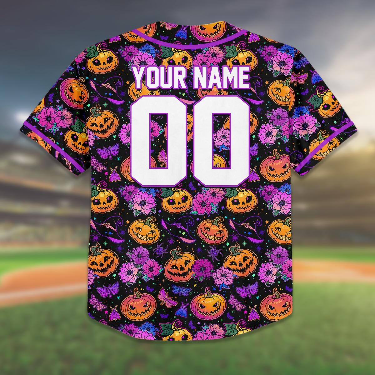 Custom Purple Halloween Baseball Jersey, Kids Youth Adult Shirt, Pumpkin Floral Spooky Outfit, Family Matching Costume Gift baseball jersey product view 3