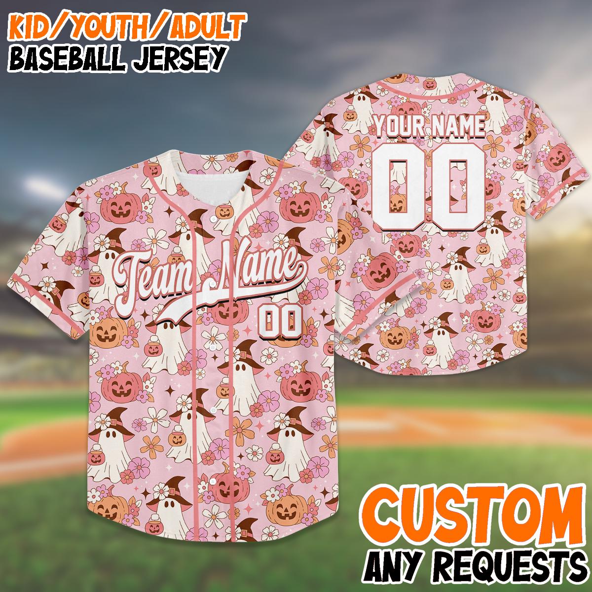 Custom Light Pink Halloween Baseball Jersey, Cute Ghost Pumpkin Shirt, Family Matching Outfit, Personalized Name & Number, Birthday Gift baseball jersey product view 1