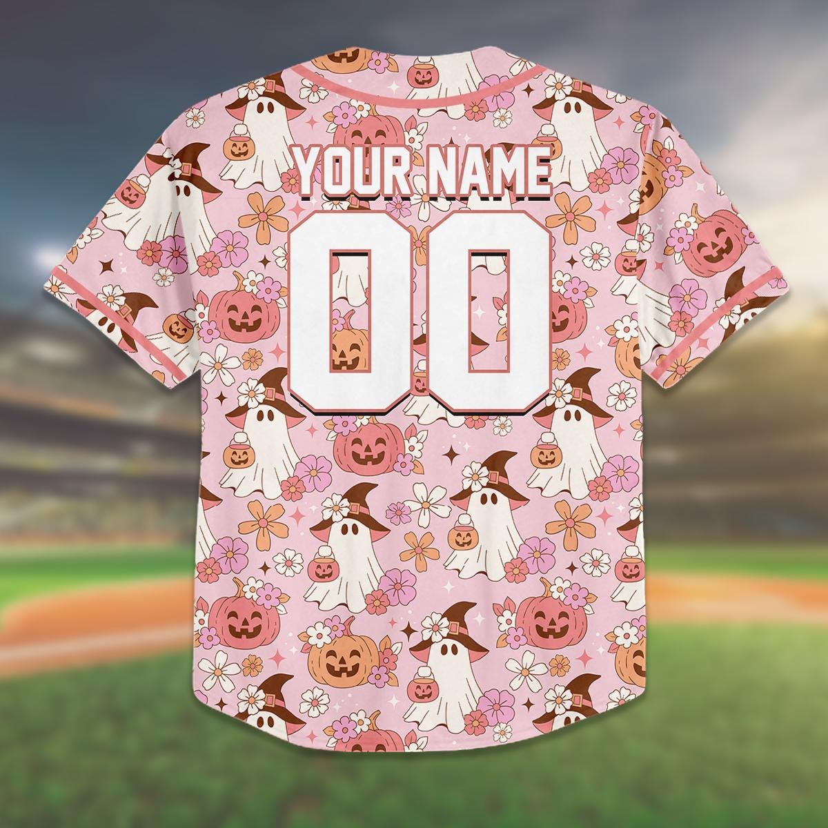 Custom Light Pink Halloween Baseball Jersey, Cute Ghost Pumpkin Shirt, Family Matching Outfit, Personalized Name & Number, Birthday Gift baseball jersey product view 3