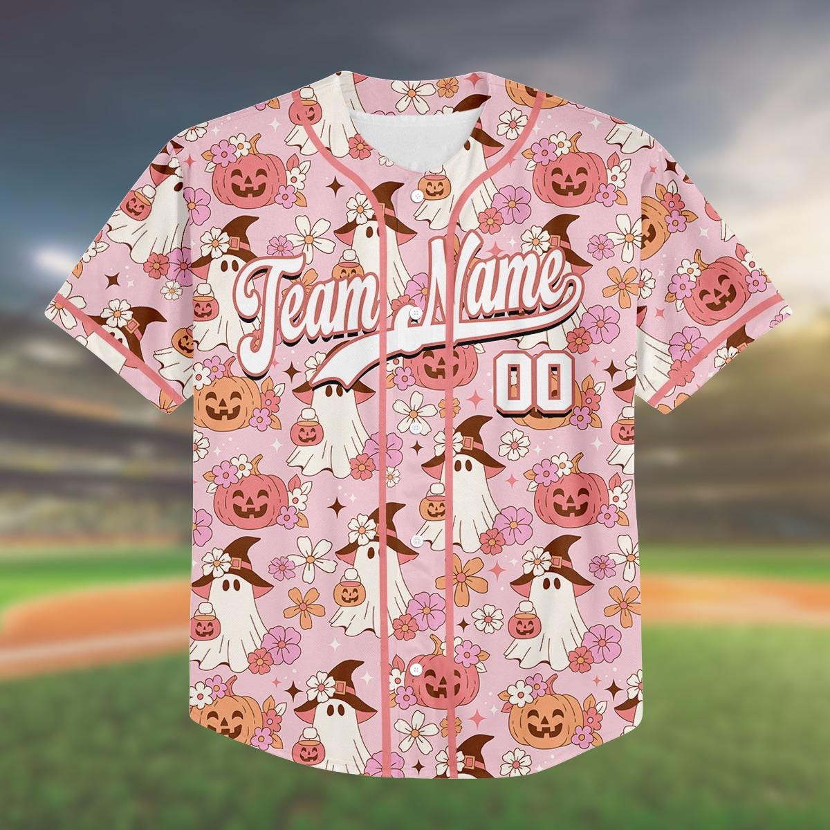 Custom Light Pink Halloween Baseball Jersey, Cute Ghost Pumpkin Shirt, Family Matching Outfit, Personalized Name & Number, Birthday Gift baseball jersey product view 2