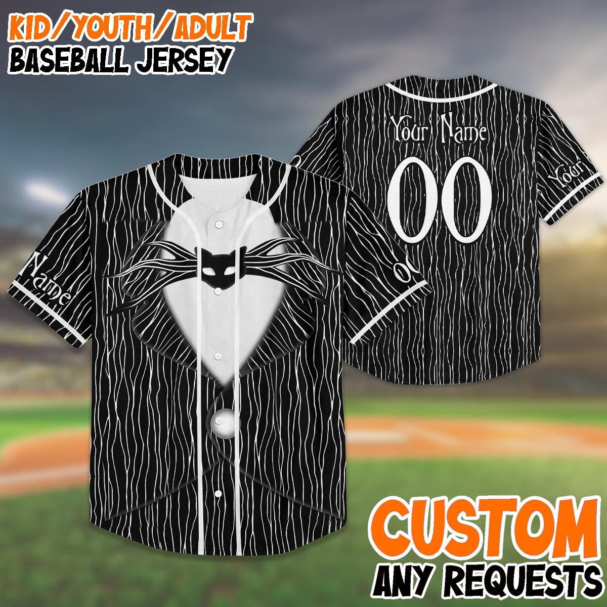 Custom Halloween Baseball Jersey, Jack Skeleton Costume Shirt, Nightmare Theme, Kids Youth Adult Matching Outfit, Spooky Jersey baseball jersey product view 1