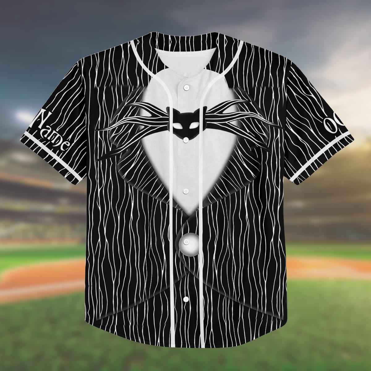 Custom Halloween Baseball Jersey, Jack Skeleton Costume Shirt, Nightmare Theme, Kids Youth Adult Matching Outfit, Spooky Jersey baseball jersey product view 2