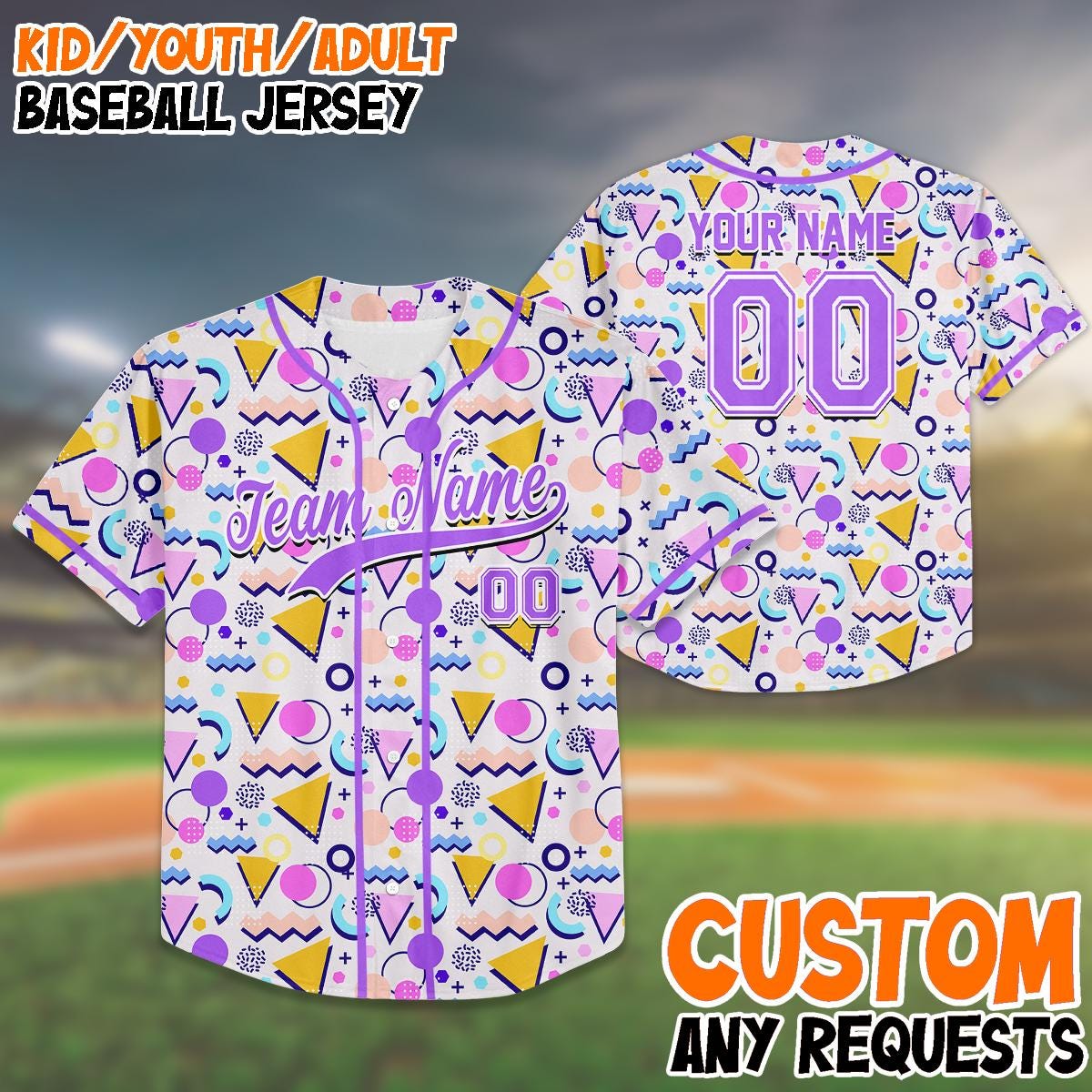 Custom 90s Style Baseball Jersey for Kids & Adults, Personalized Team Name and Number, Retro Pattern Shirt, Family Matching Outfit, Birthday baseball jersey product view 1
