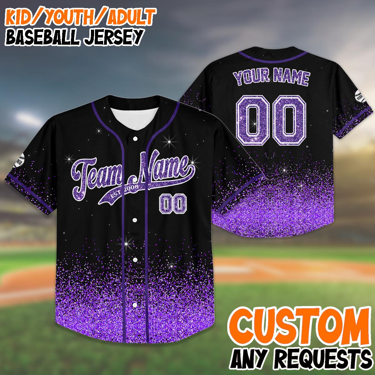 Custom Glitter Baseball Jersey Birthday Gift, Kids And Adults Sparkle Jersey, Personalized Name And Number, Purple Bling Shirt baseball jersey product view 1
