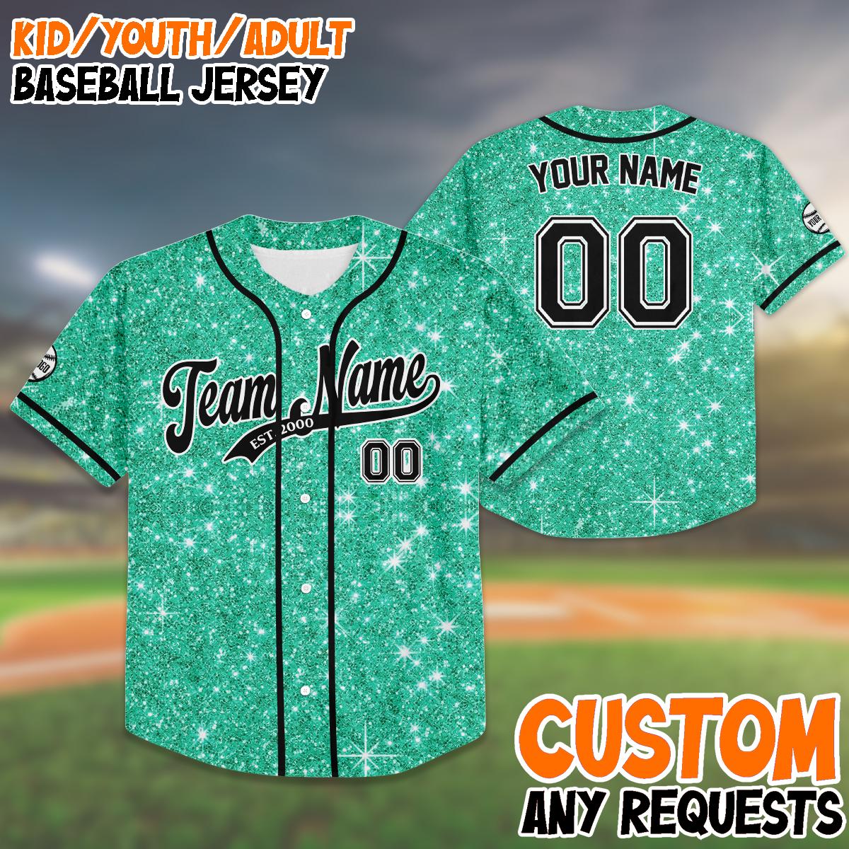 Custom Green Glitter Baseball Jersey, Personalized Sparkle Jersey for Kids And Adults, Name And Number Shirt, Fun Birthday Gift baseball jersey product view 1