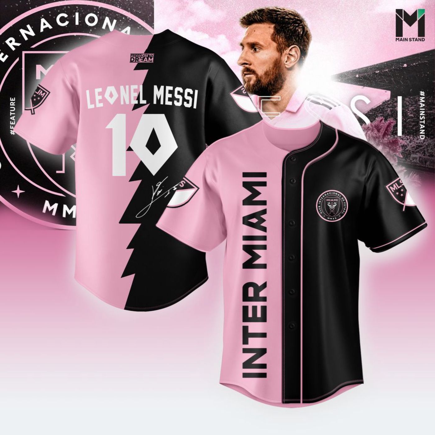 Inter Miami Leo Messi Black And Pink Baseball Jersey Gift for Men Women - Bafud baseball jersey product view 2