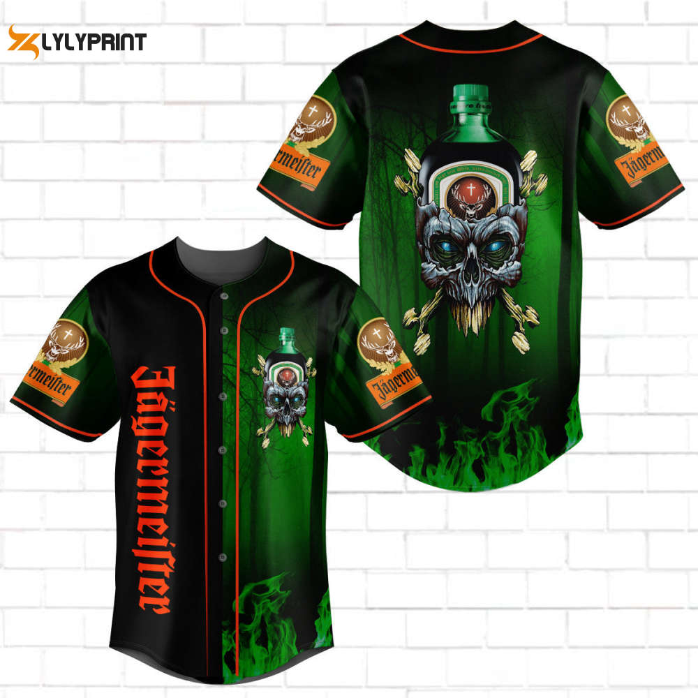 Jagermeister Skull Green Flame All Over Print Unisex Baseball Jersey Green - lylyprint.com baseball jersey product view 1