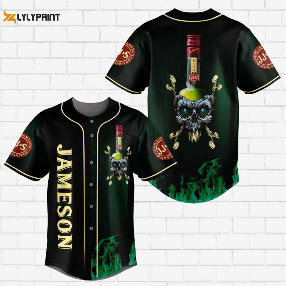 Jameson Irish Whiskey Flowery Skull All Over Print Unisex Baseball Jersey - Ombre Black Green - lylyprint.com baseball jersey product view 1
