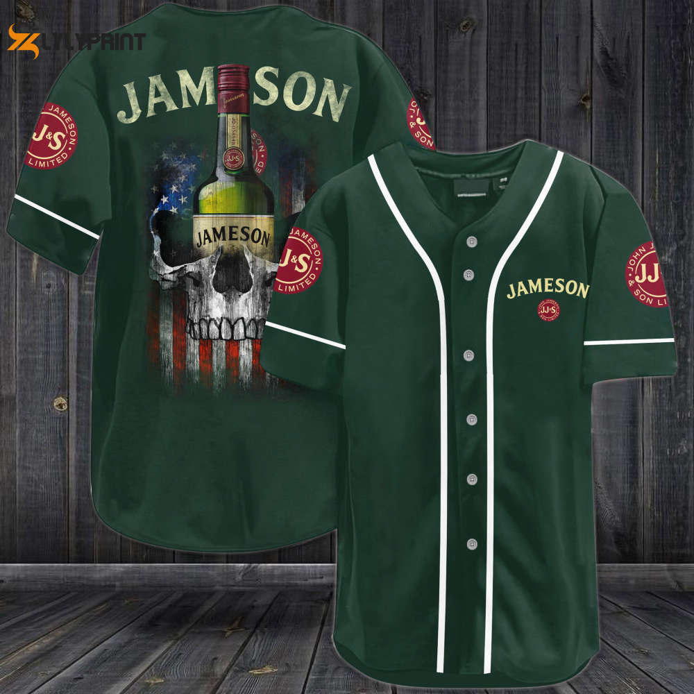 Jameson Irish Whiskey USA Flag Skull All Over Print 3D Unisex Baseball Jersey - Dark Green - lylyprint.com baseball jersey product view 1