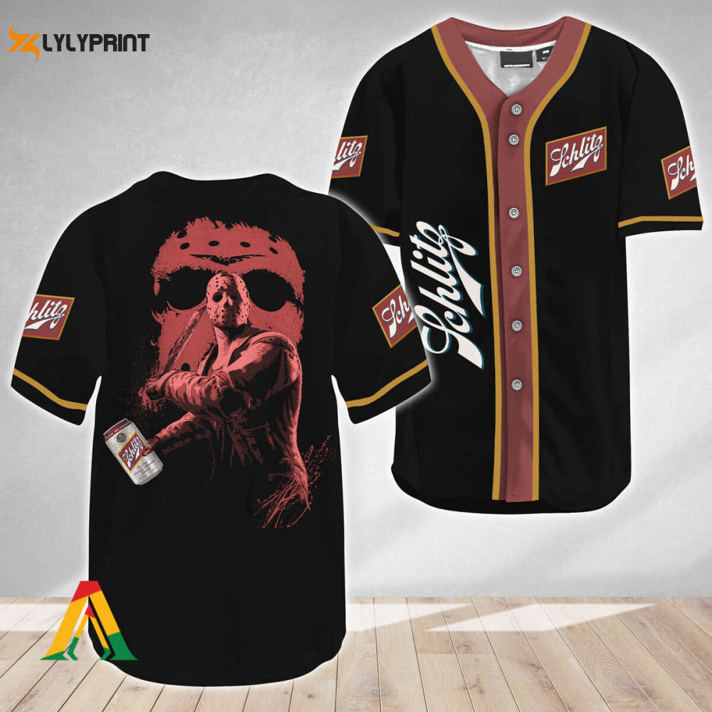 Jason Voorhees Friday The 13th Schlitz Beer Baseball Jersey - Gift for Men Women - lylyprint.com baseball jersey product view 1