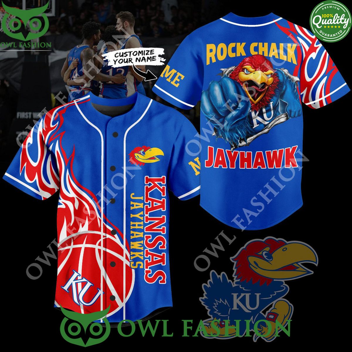 Kansas Jayhawks Rock Chalk basketball NCAA Custom Baseball jersey baseball jersey product view 1