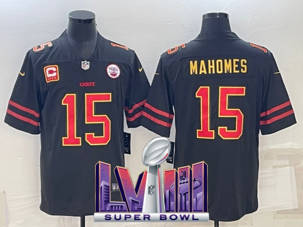 kansas city chiefs #15 patrick mahomes Black Gold Text V2 330b Football Jersey football jersey product view 1