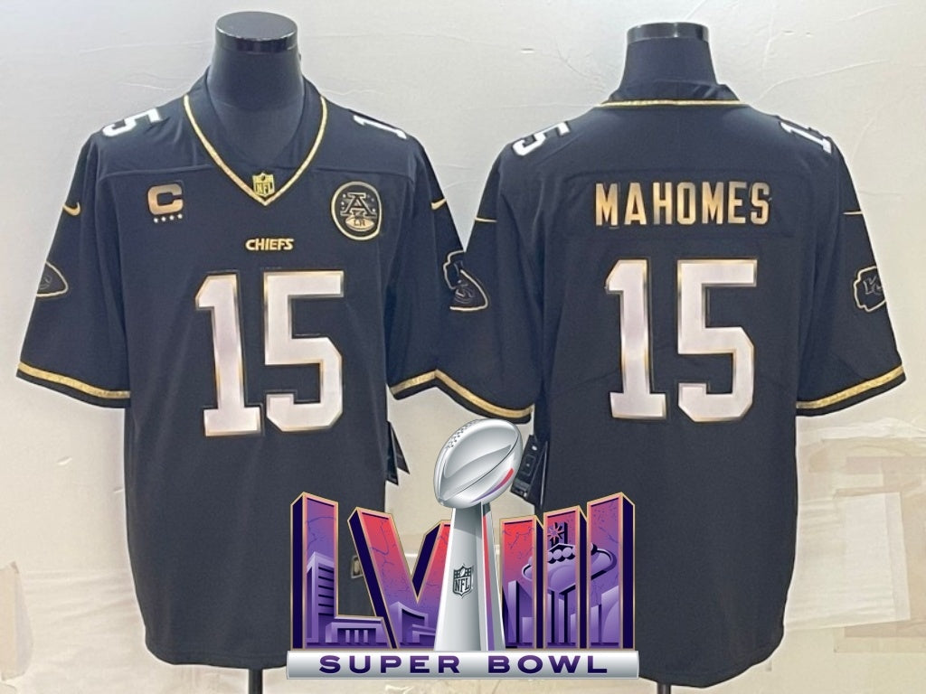 kansas city chiefs #15 patrick mahomes Black Gold Text V3 c01 Football Jersey football jersey product view 1
