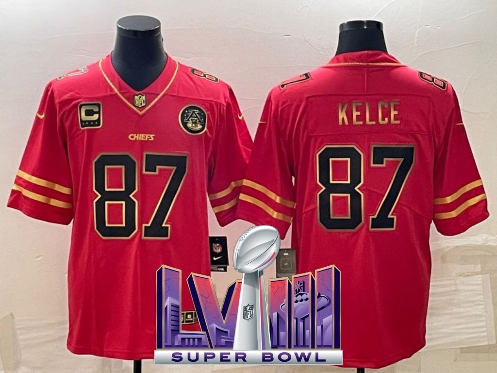 kansas city chiefs #87 travis kelce red gold 4-star c patch vapor untouchable limited Football Jersey football jersey product view 1