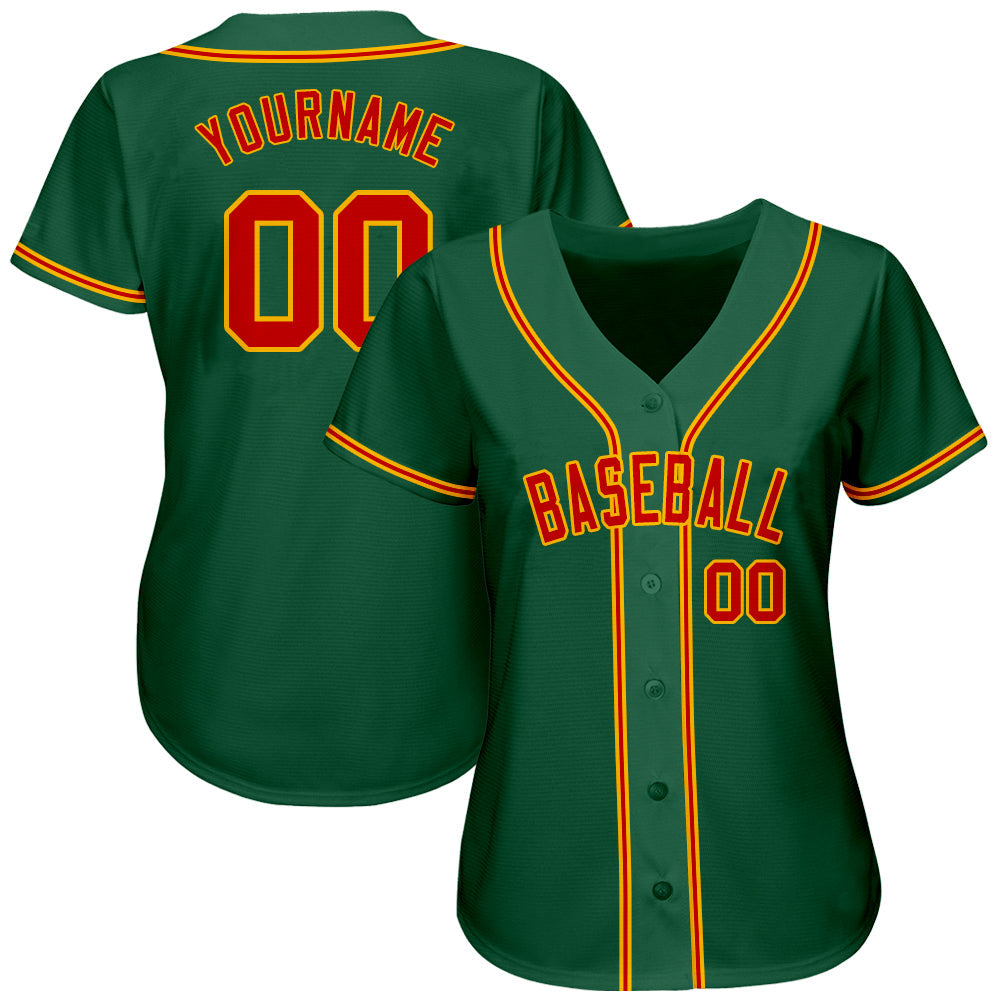 Custom Kelly Green Red-Gold Authentic Baseball Jersey baseball jersey product view 2