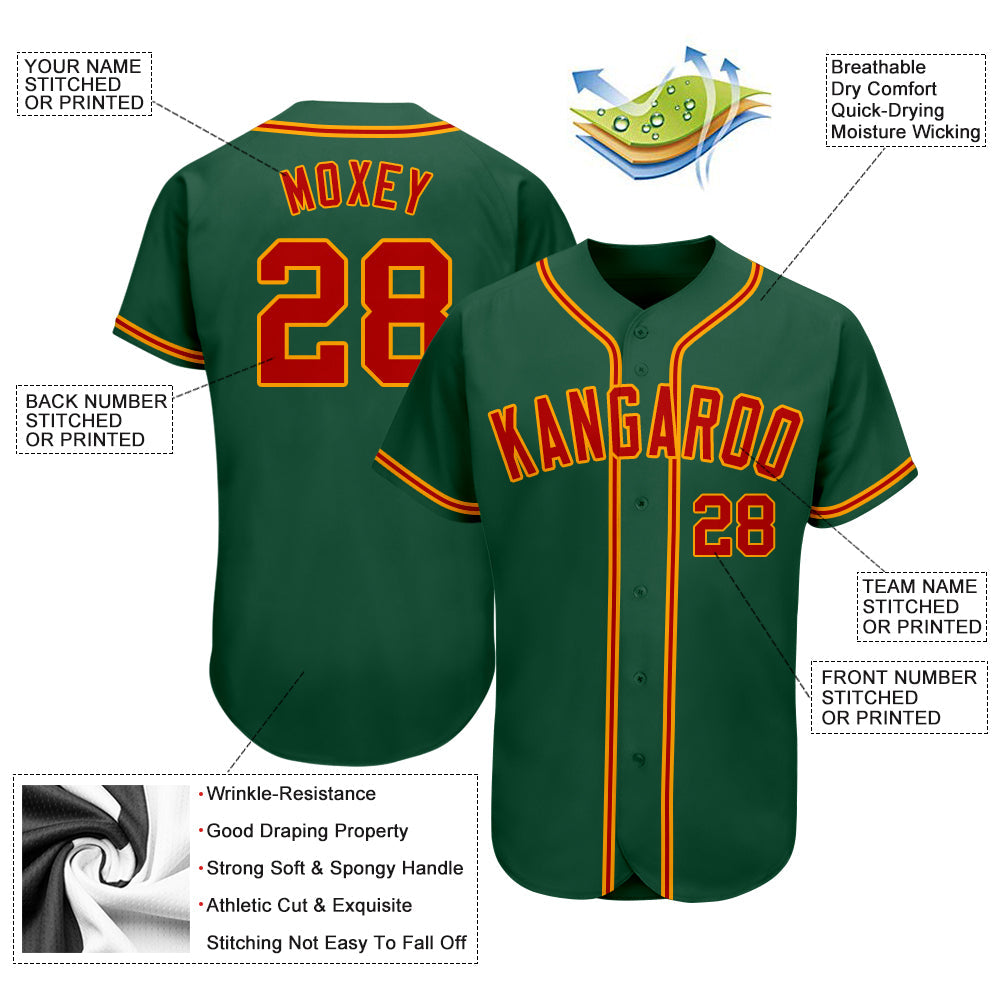 Custom Kelly Green Red-Gold Authentic Baseball Jersey baseball jersey product view 3