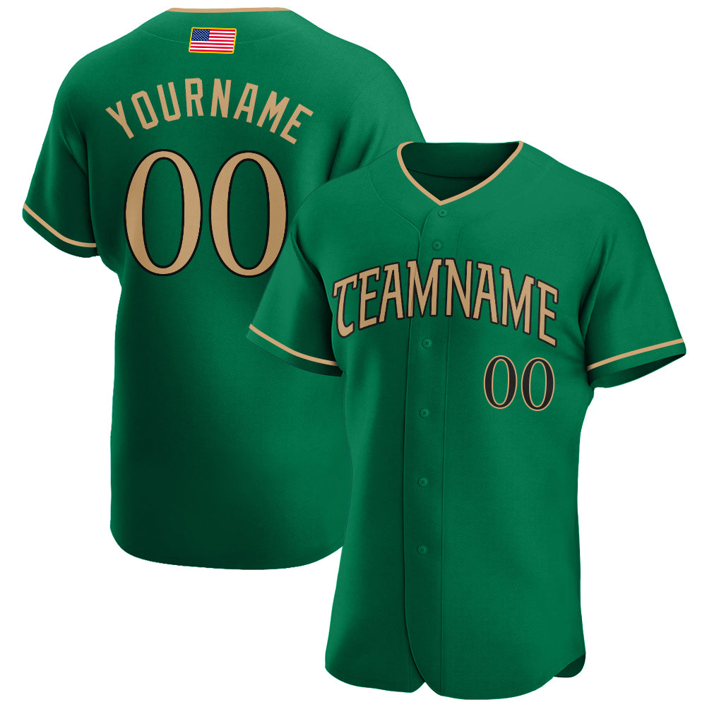 Custom Kelly Green Old Gold-Black Authentic American Flag Fashion Baseball Jersey baseball jersey product view 1