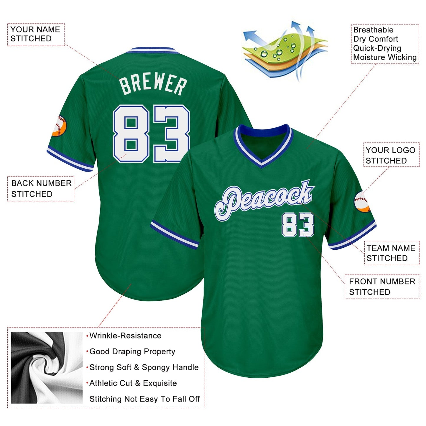 Custom Kelly Green White-Royal Authentic Throwback Rib-Knit Baseball Jersey Shirt baseball jersey product view 4
