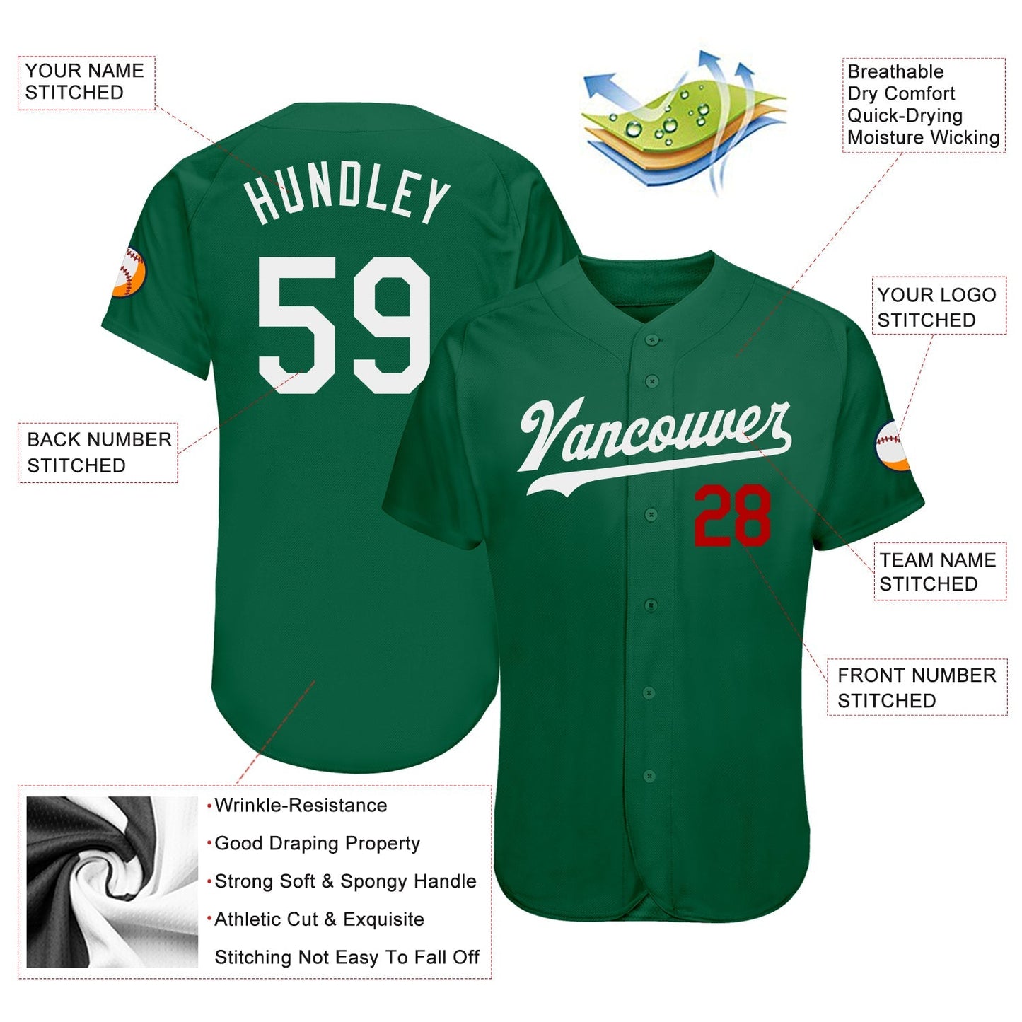 Custom Kelly Green White-Red Authentic Baseball Jersey baseball jersey product view 3