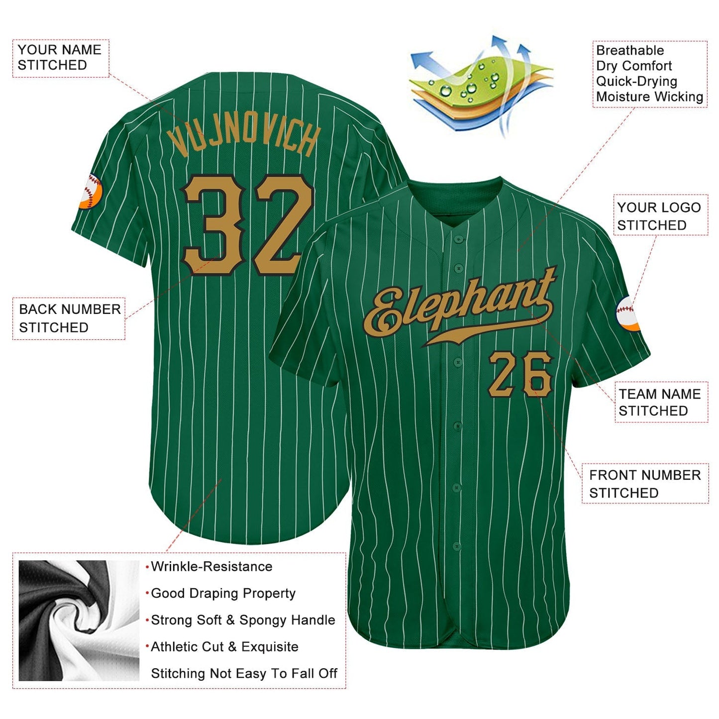Custom Kelly Green White Pinstripe Old Gold-Black Authentic Baseball Jersey baseball jersey product view 3
