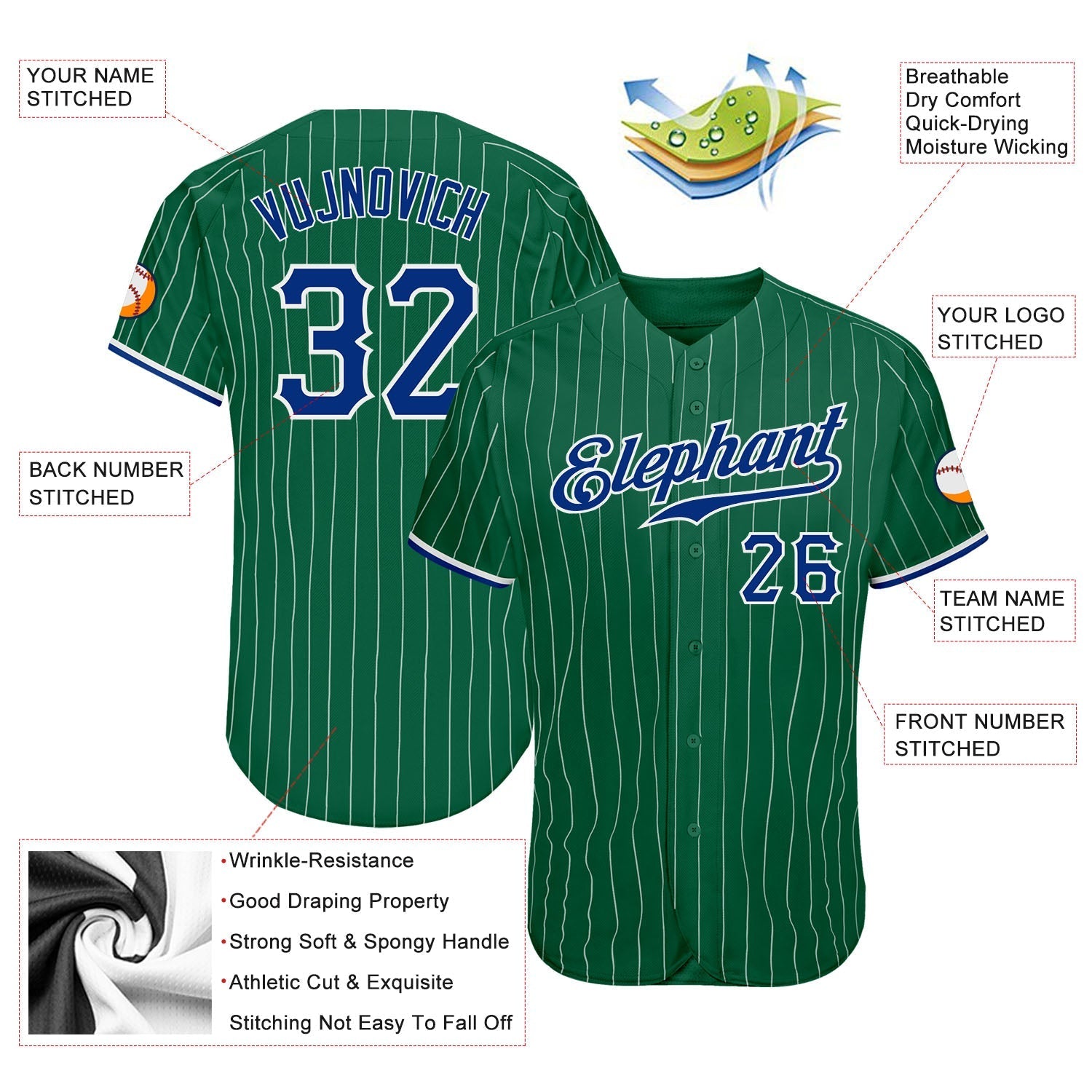 Custom Kelly Green White Pinstripe Royal-White Authentic Baseball Jersey baseball jersey product view 3
