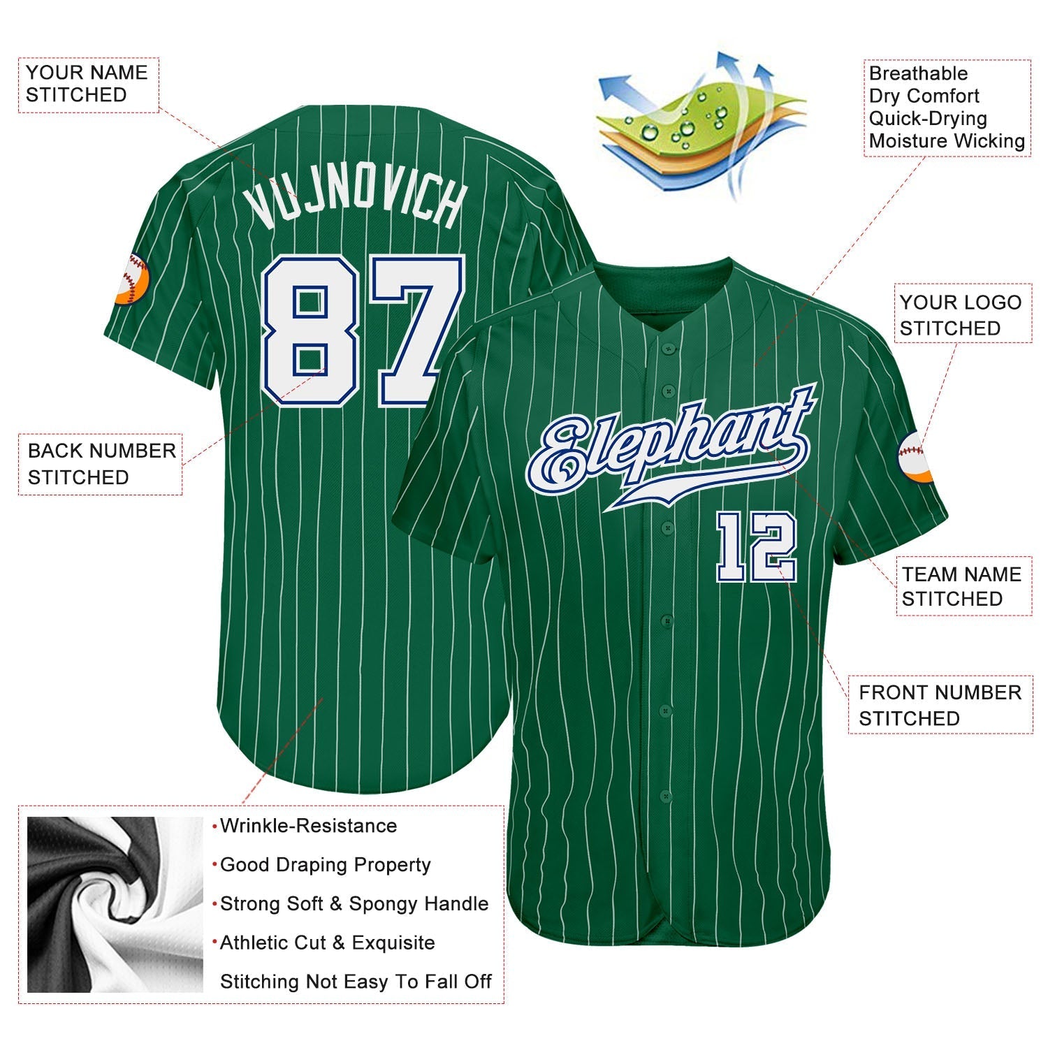 Custom Kelly Green White Pinstripe White-Royal Authentic Baseball Jersey baseball jersey product view 3