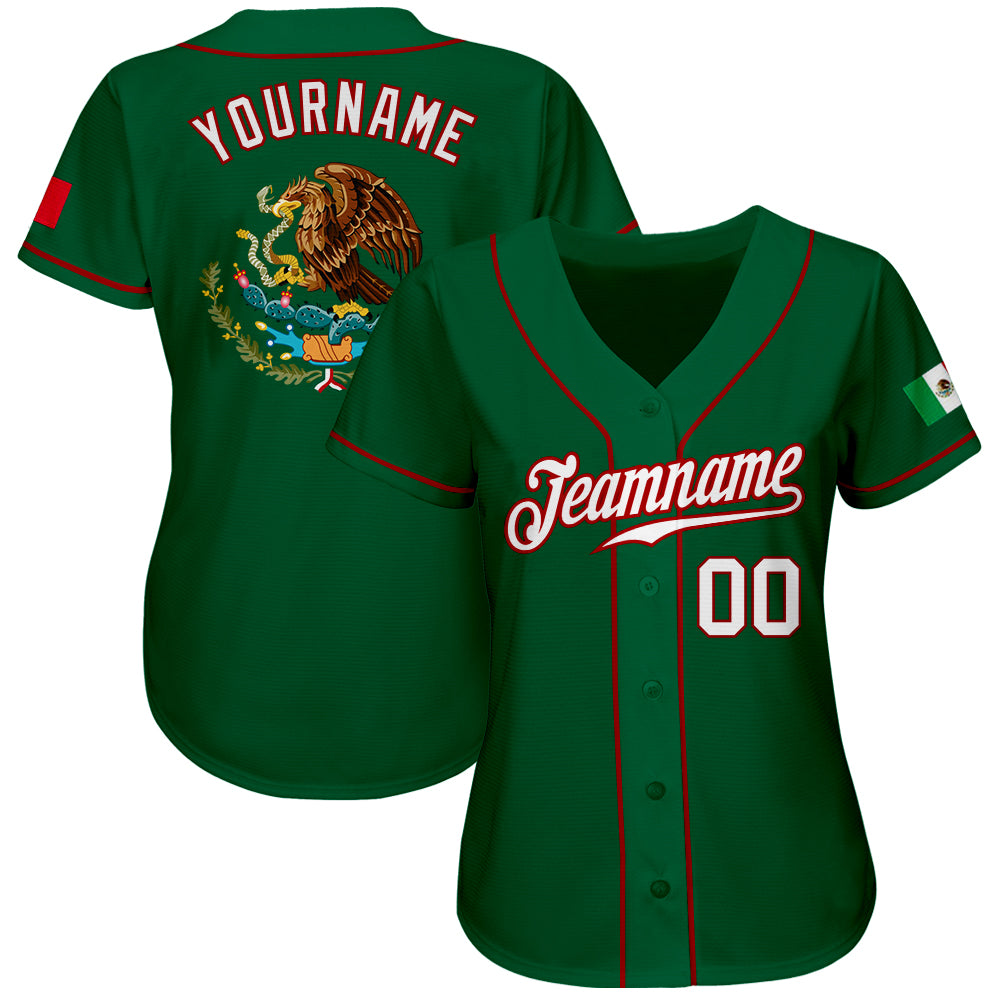 Custom Kelly Green White-Red Authentic Mexican Flag Fashion Baseball Jersey baseball jersey product view 2