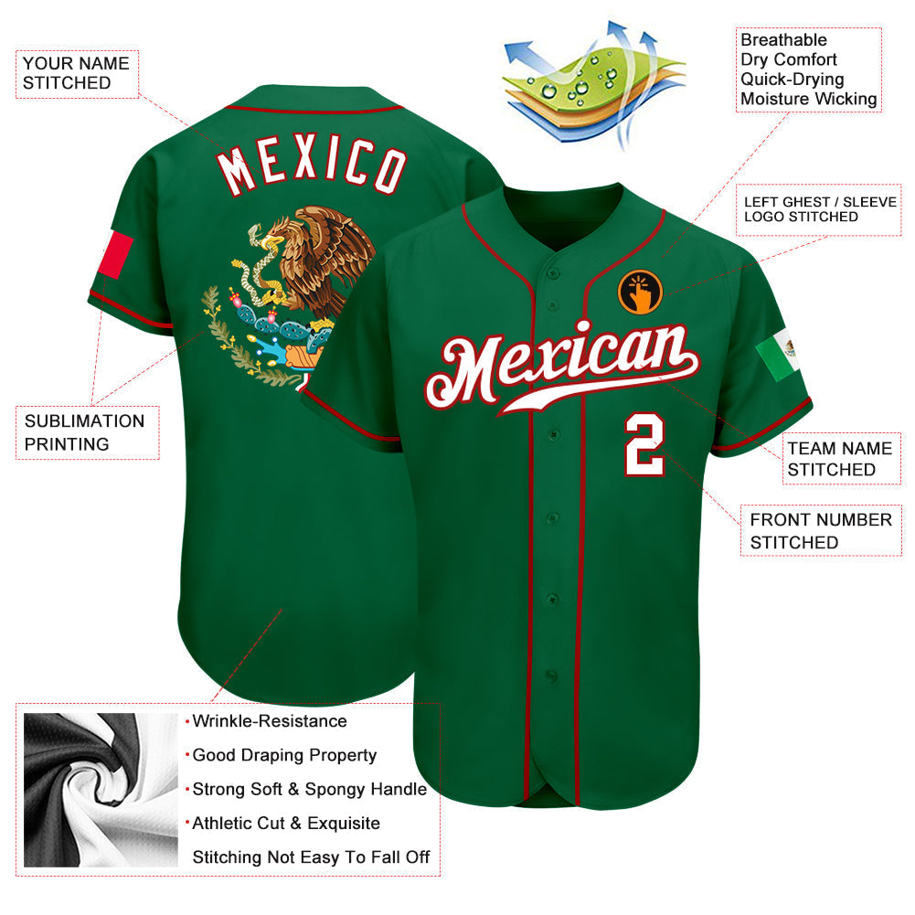 Custom Kelly Green White-Red Authentic Mexican Flag Fashion Baseball Jersey baseball jersey product view 3