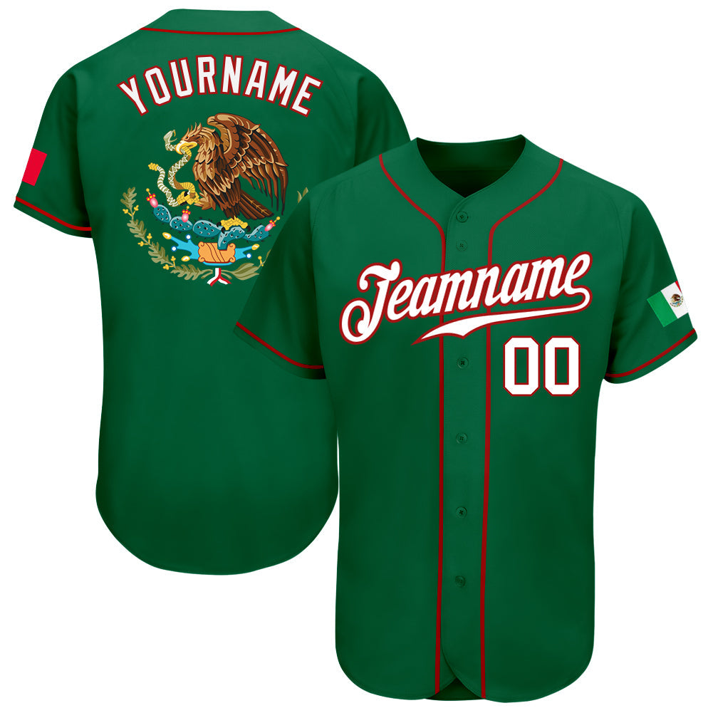 Custom Kelly Green White-Red Authentic Mexican Flag Fashion Baseball Jersey baseball jersey product view 1