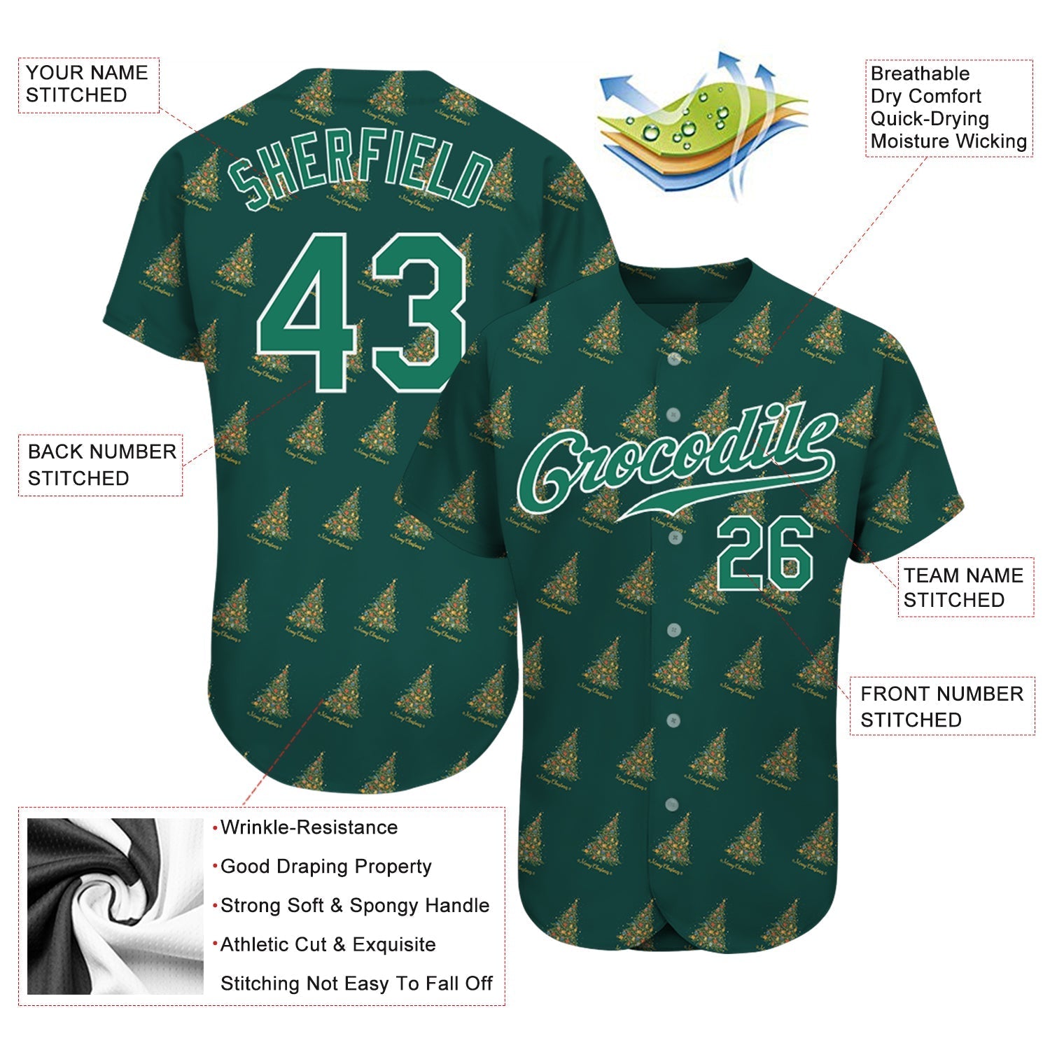 Custom Kelly Green Kelly Green-White Christmas 3D Authentic Baseball Jersey baseball jersey product view 3