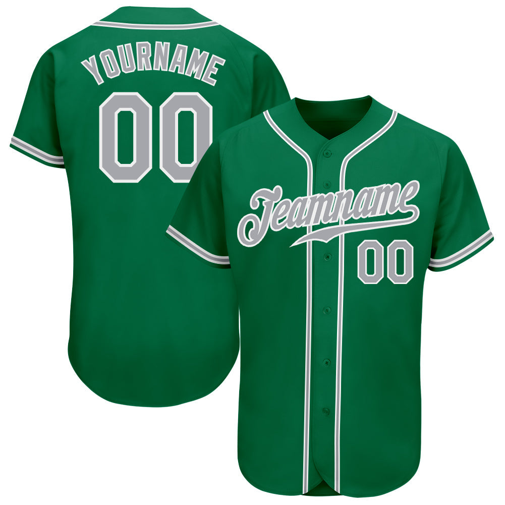 Custom Kelly Green Gray-White Authentic Baseball Jersey baseball jersey product view 1