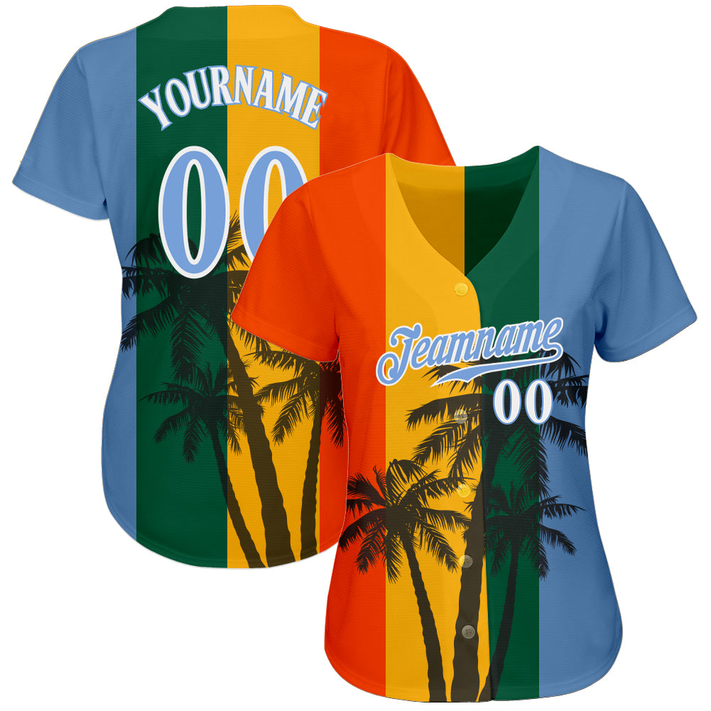 Custom Kelly Green Light Blue-White 3D Pattern Design Hawaii Coconut Trees Authentic Baseball Jersey baseball jersey product view 2