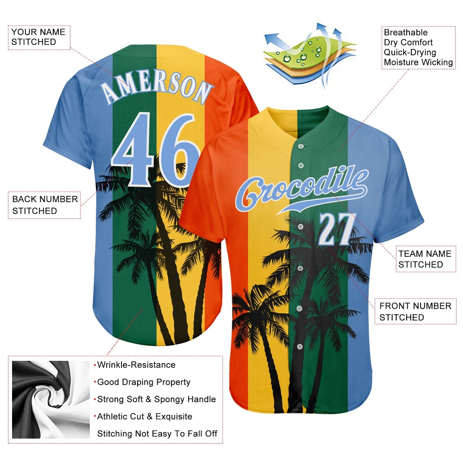 Custom Kelly Green Light Blue-White 3D Pattern Design Hawaii Coconut Trees Authentic Baseball Jersey baseball jersey product view 3