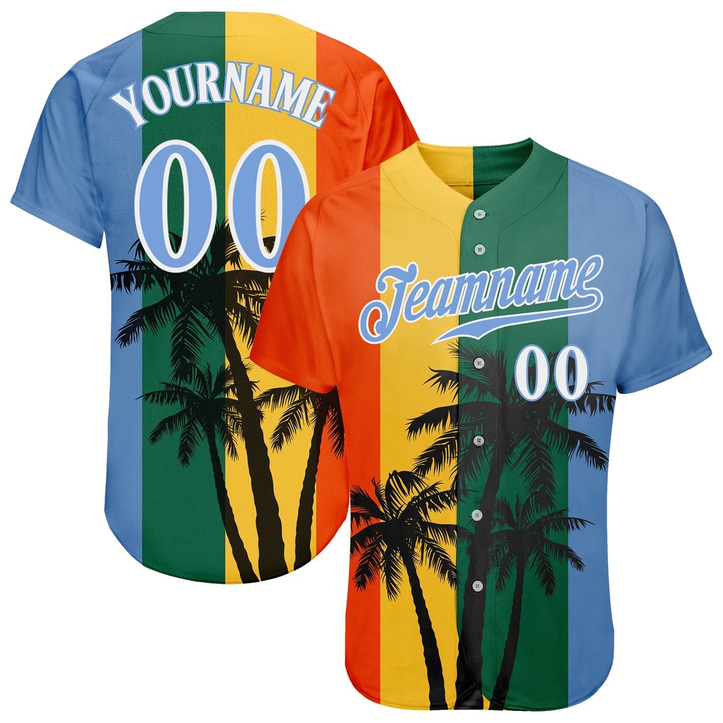 Custom Kelly Green Light Blue-White 3D Pattern Design Hawaii Coconut Trees Authentic Baseball Jersey baseball jersey product view 1