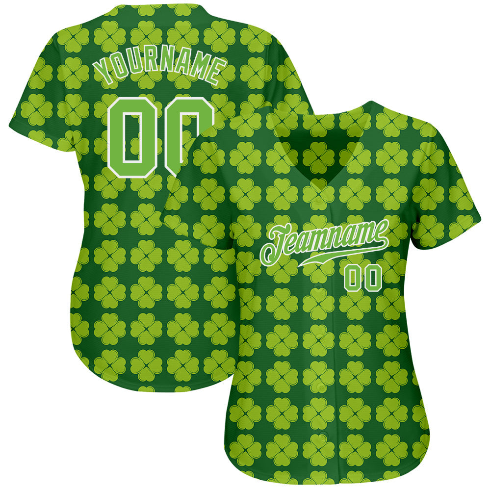 Custom Kelly Green Neon Green-White 3D Pattern Design Authentic St. Patrick's Day Baseball Jersey baseball jersey product view 2