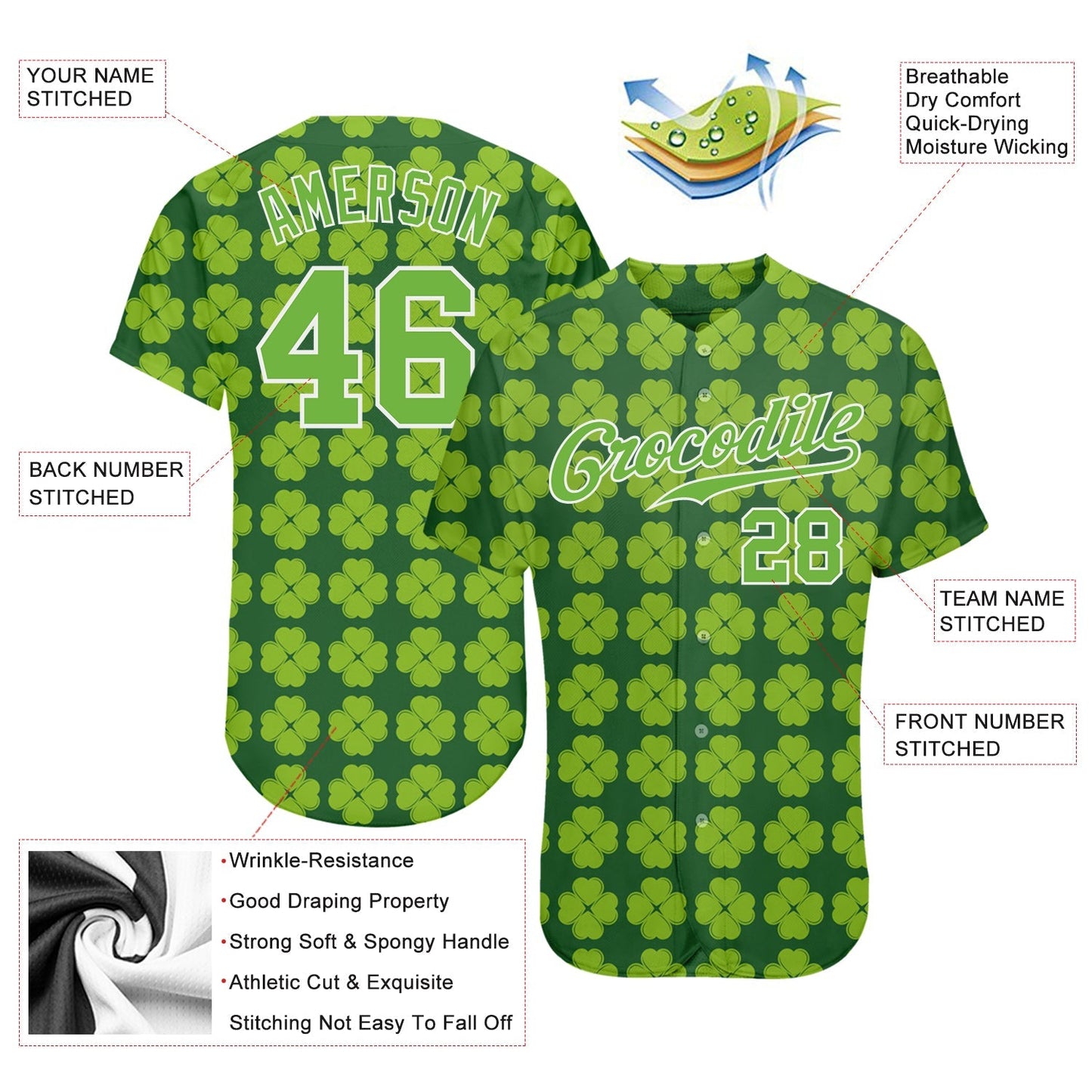 Custom Kelly Green Neon Green-White 3D Pattern Design Authentic St. Patrick's Day Baseball Jersey baseball jersey product view 3